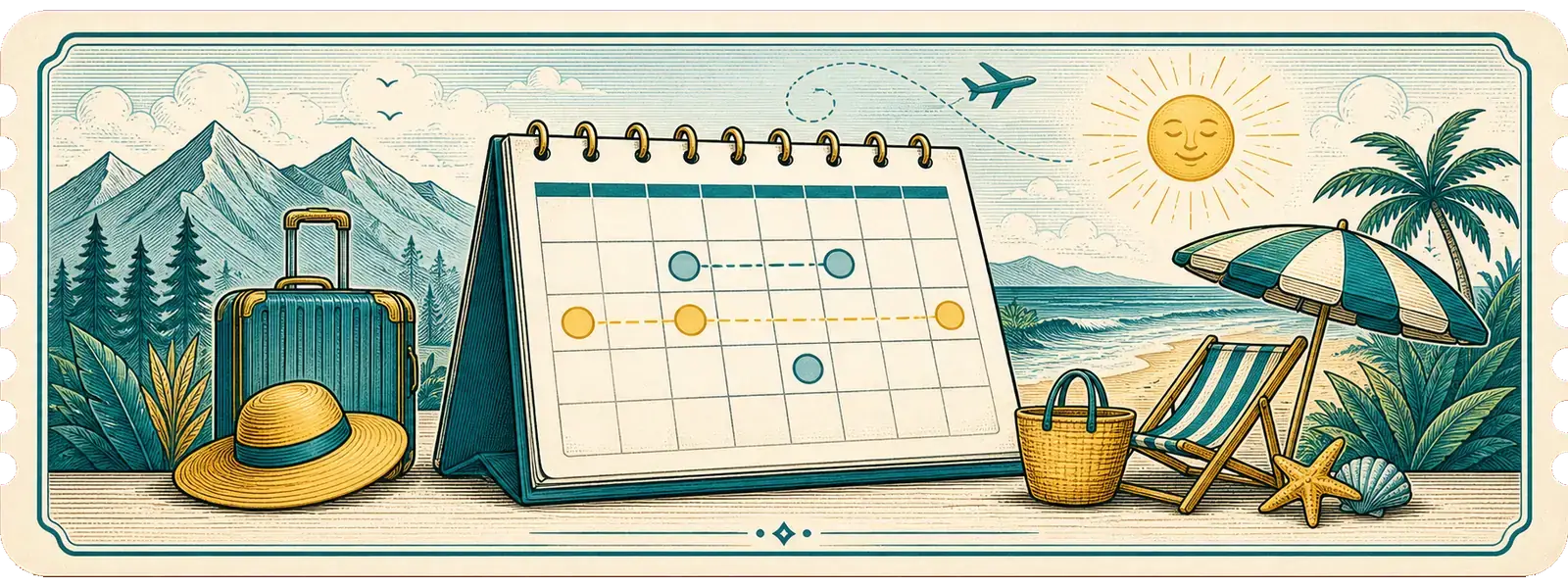 Calendar de concediu, valiză, munți, plajă și zile-punte pentru planificarea vacanței